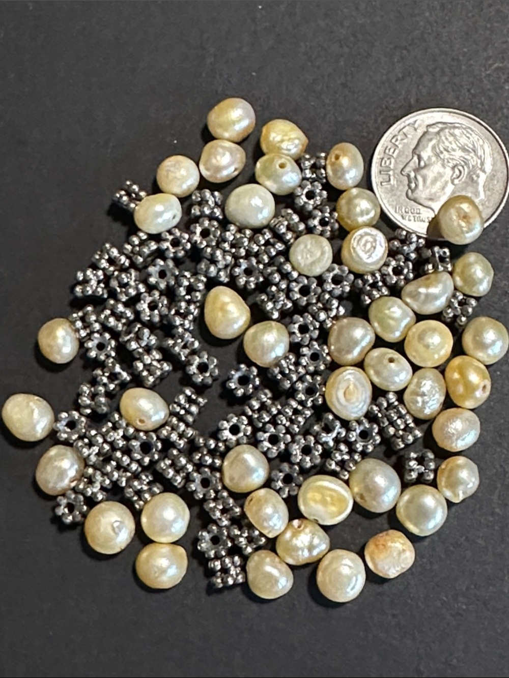 30.  Cream Color Small Vintage Freshwater Pearls & Silver Tone Spacers